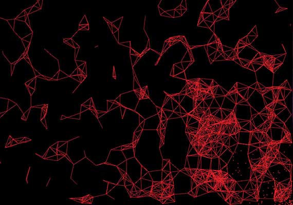 Animation on the wall. Particle cloud that leaves the structure.